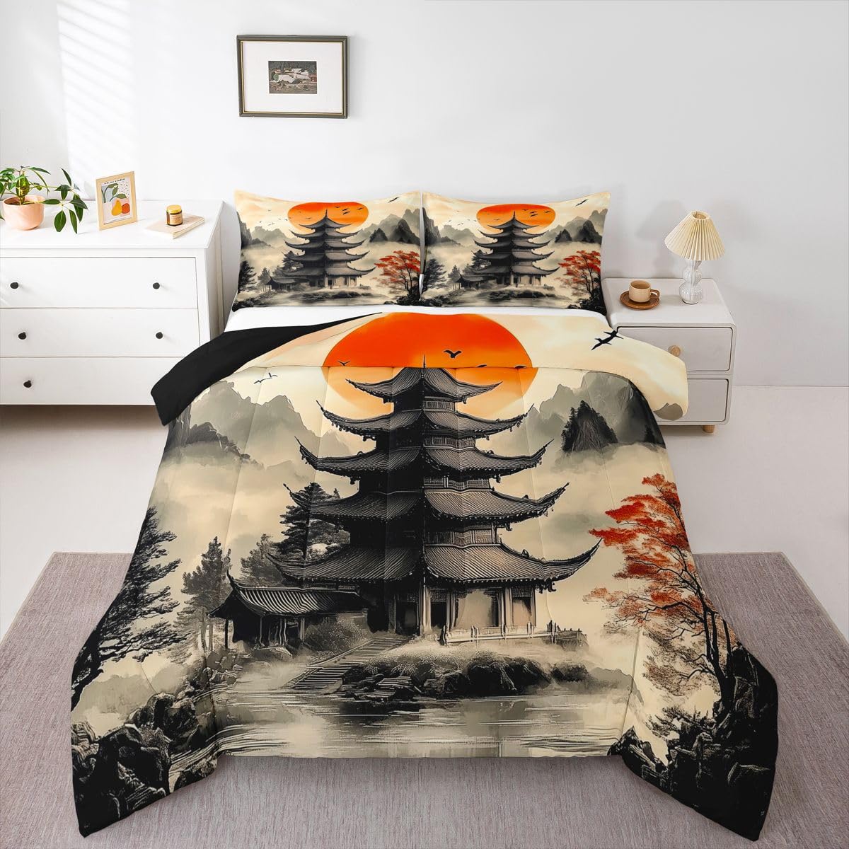 jejeloiu Chinese Ink Painting Bedding Set Soft for Boys Girls, Red Sun Mountain Comforter Set Queen Size Japanese Style Duvet Quilt Microfiber Bedroom Decor 3 Pcs with 2 Pillow Cases