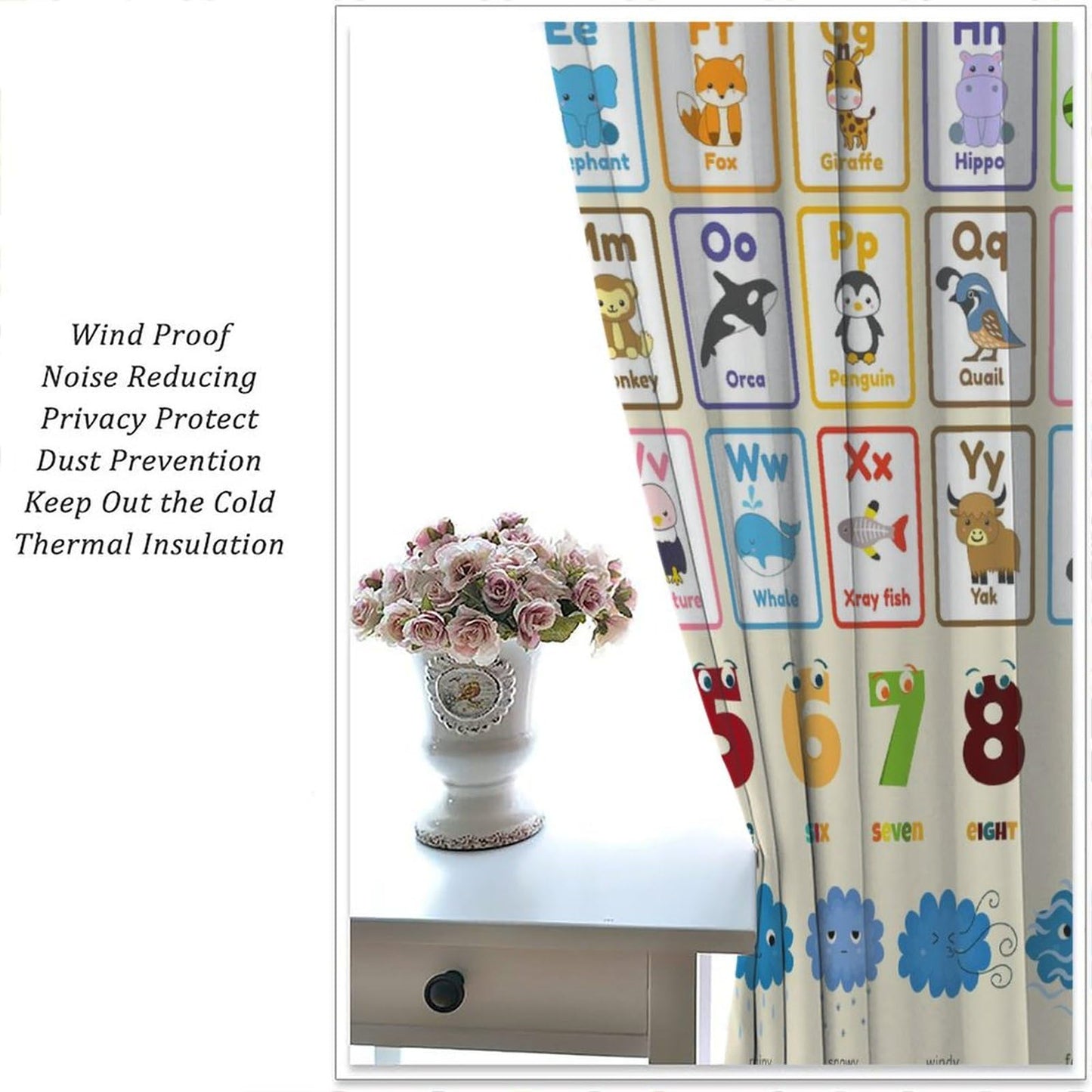 AAVEUP Alphabet Education Curtains, Cartoon Animal Alphanumeric ABC Color Learning Pencils Windows Treatments Drapes for Kids Baby Nursery Children Toddler Bedroom 42x45in（No Blackout）