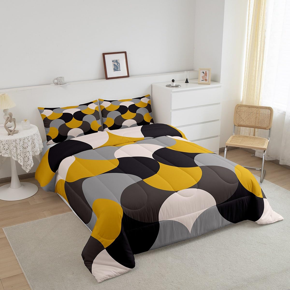 Feelyou Geometric Print Bedding Set Geometric Yellow Grey Black Comforter Set for Kids Boys Girls Teens Decor Modern Art Comforter Luxury Abstract Art Duvet Set 3Pcs Queen Size