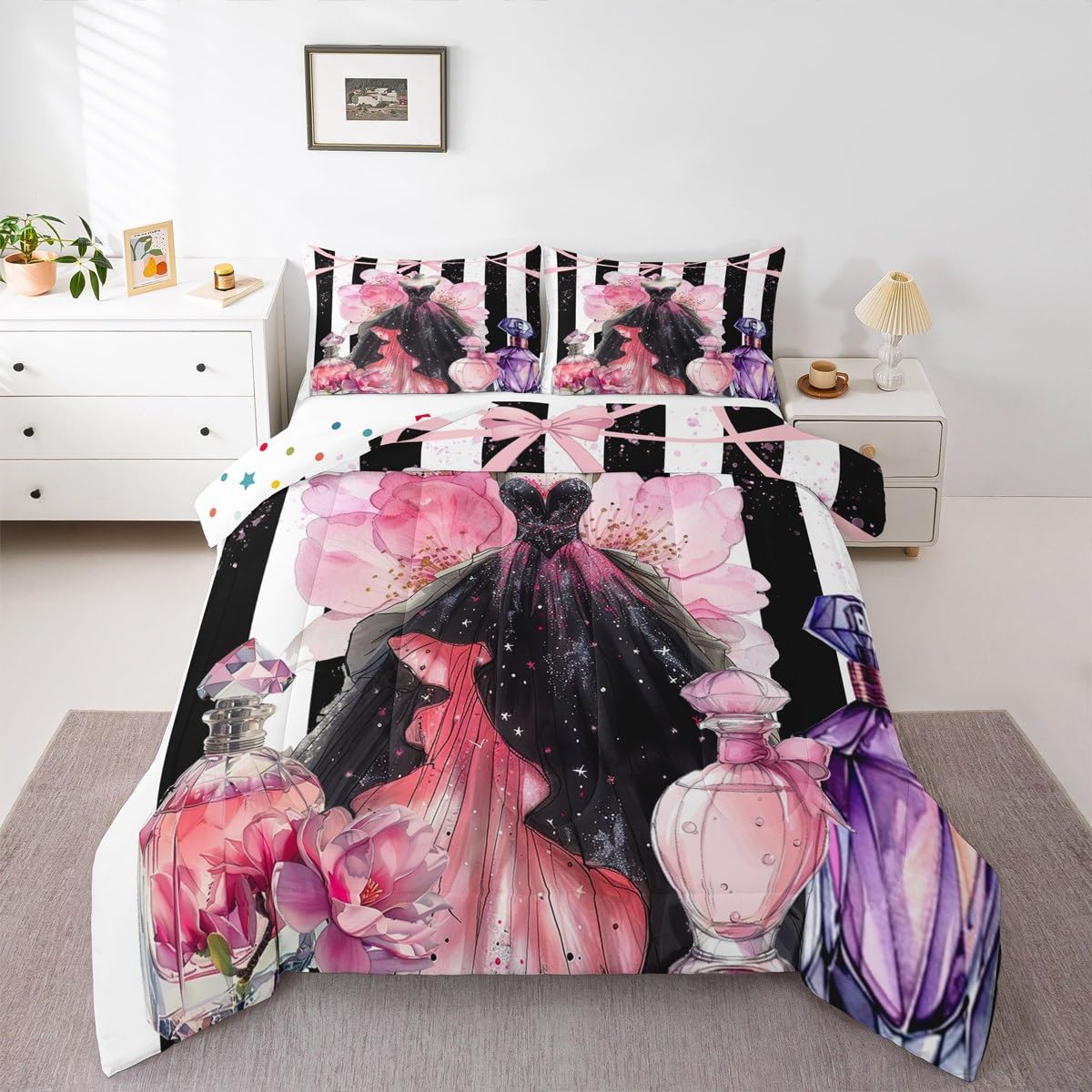 Erosebridal Girly Modern Fashion King Bedding Set | Girls Women Coquette Dress Comforter Set Black and White Striped Bed Collections Cute Coquette Bow Duvet Quilt Sets