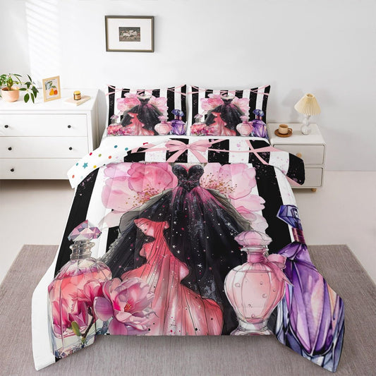 Erosebridal Girly Modern Fashion King Bedding Set | Girls Women Coquette Dress Comforter Set Black and White Striped Bed Collections Cute Coquette Bow Duvet Quilt Sets