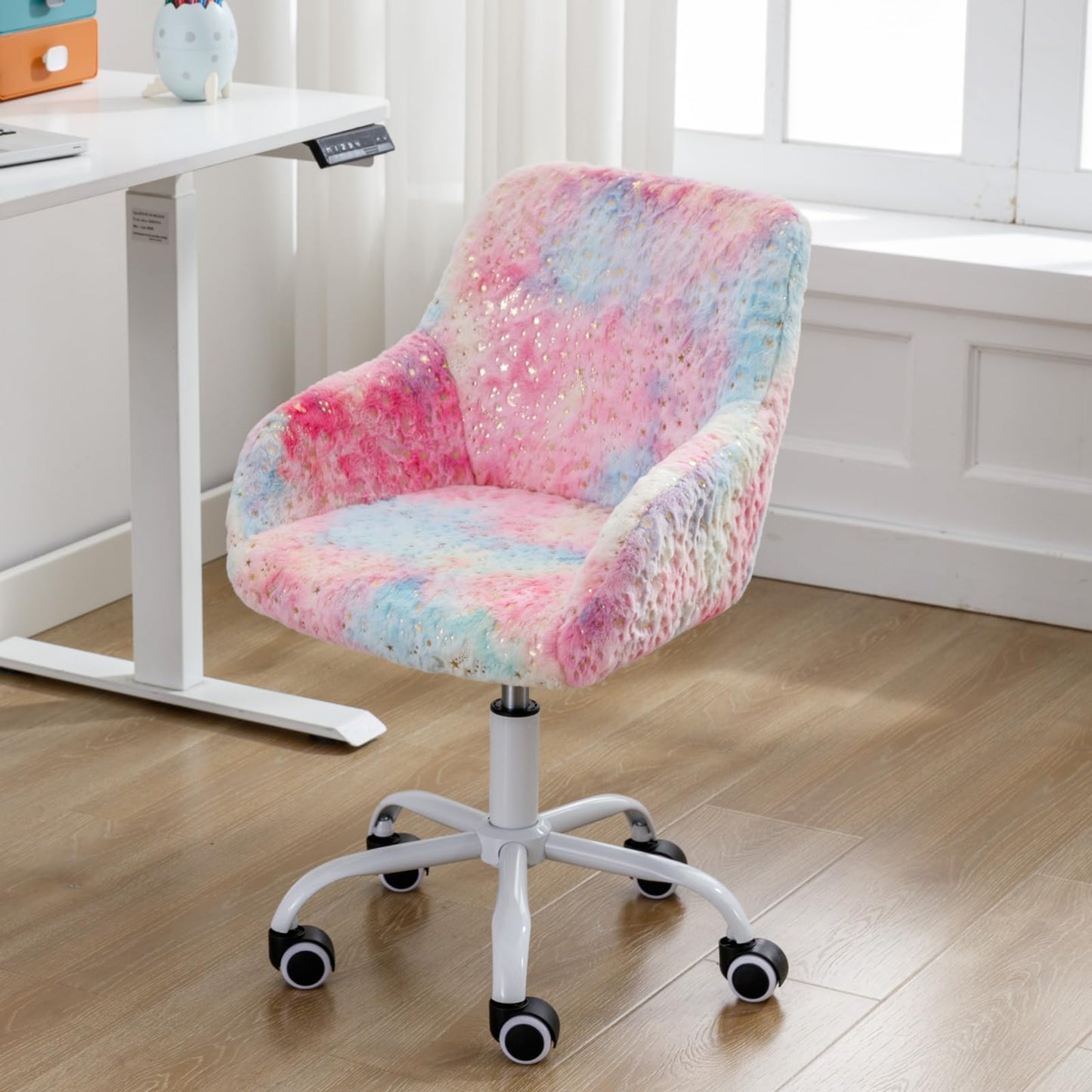 Ya-Home Kids Desk Chair Cute Swivel Reading Chair, Upholstered Adjustable Faux Fur Study Chair with White Wheels for Reading Room Bedroom, Colorful