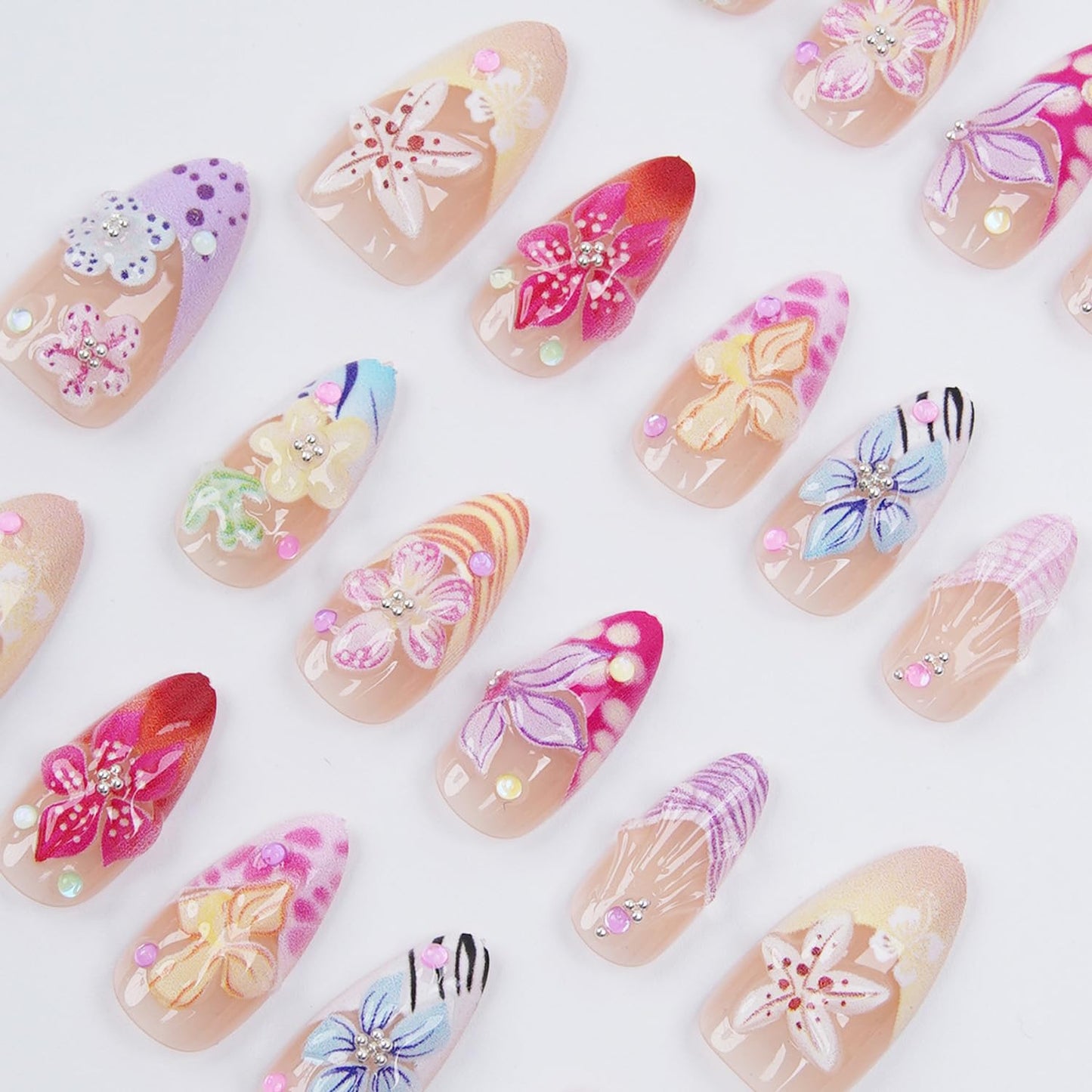 3D Flower Press On Nails - Medium Almond Fake Nails with Colorful Embossed Floral & Rhinestone Design, Glossy Acrylic Glue On Nails for Women, Reusable Full Cover False Nails with Glue Tabs - 30Pcs