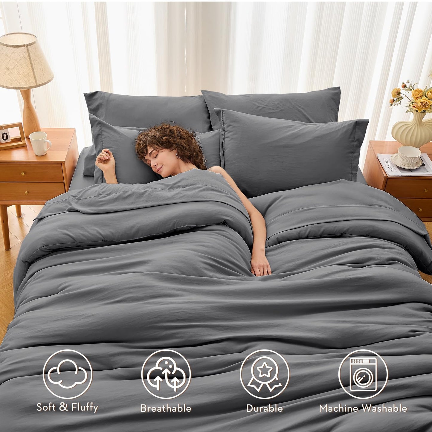 MUXHOMO 7 Pieces King Comforter Set, Soft Bed in a Bag King Size, All Season Bedding Set with Comforter, Flat Sheet, Fitted Sheet, Pillowcases & Shams, Dark Grey