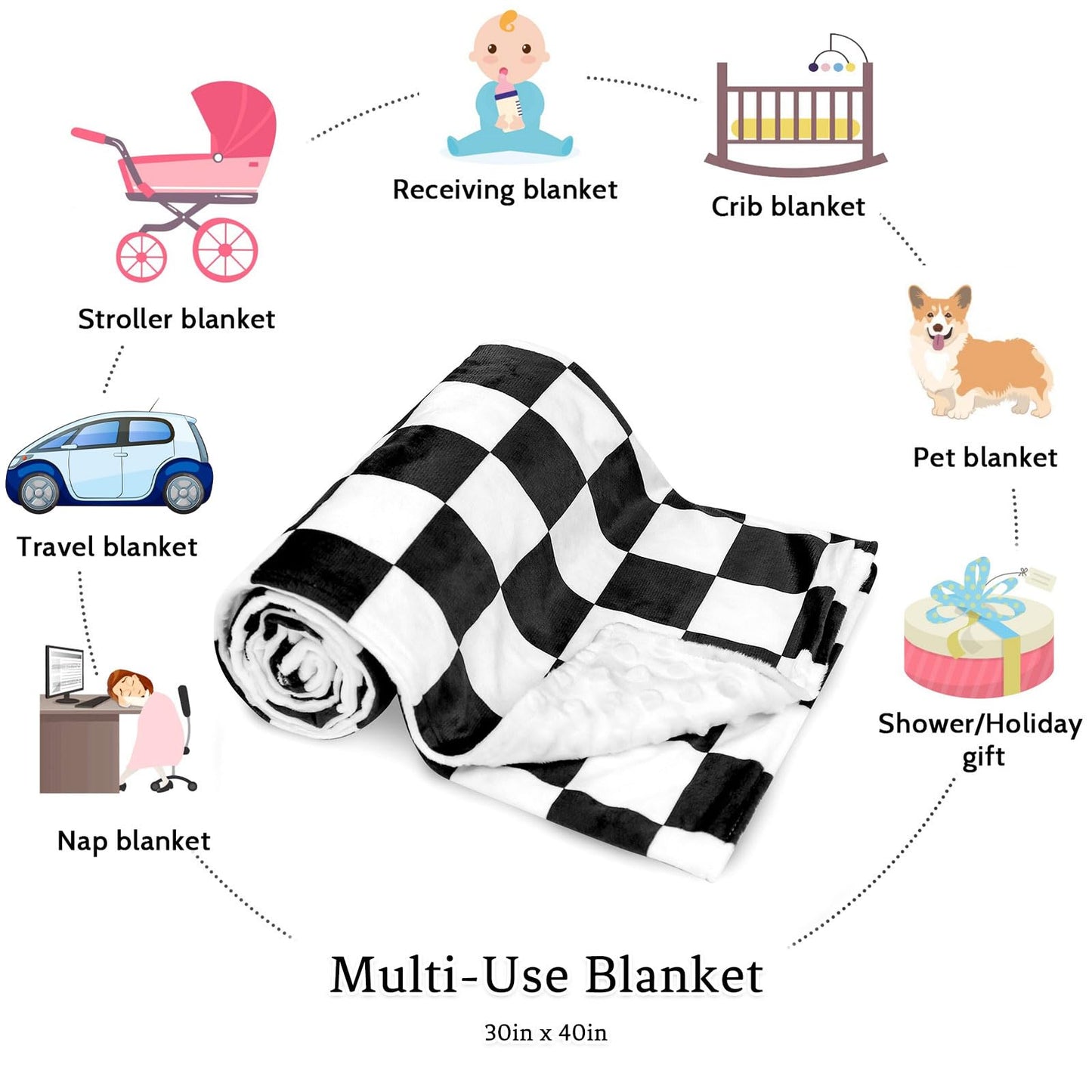 DILIMI Baby Blanket, Soft Warm Newborn Toddler Minky Plush Dot Blanket for Girl and Boy Unisex (40×30 in), Black Checkered