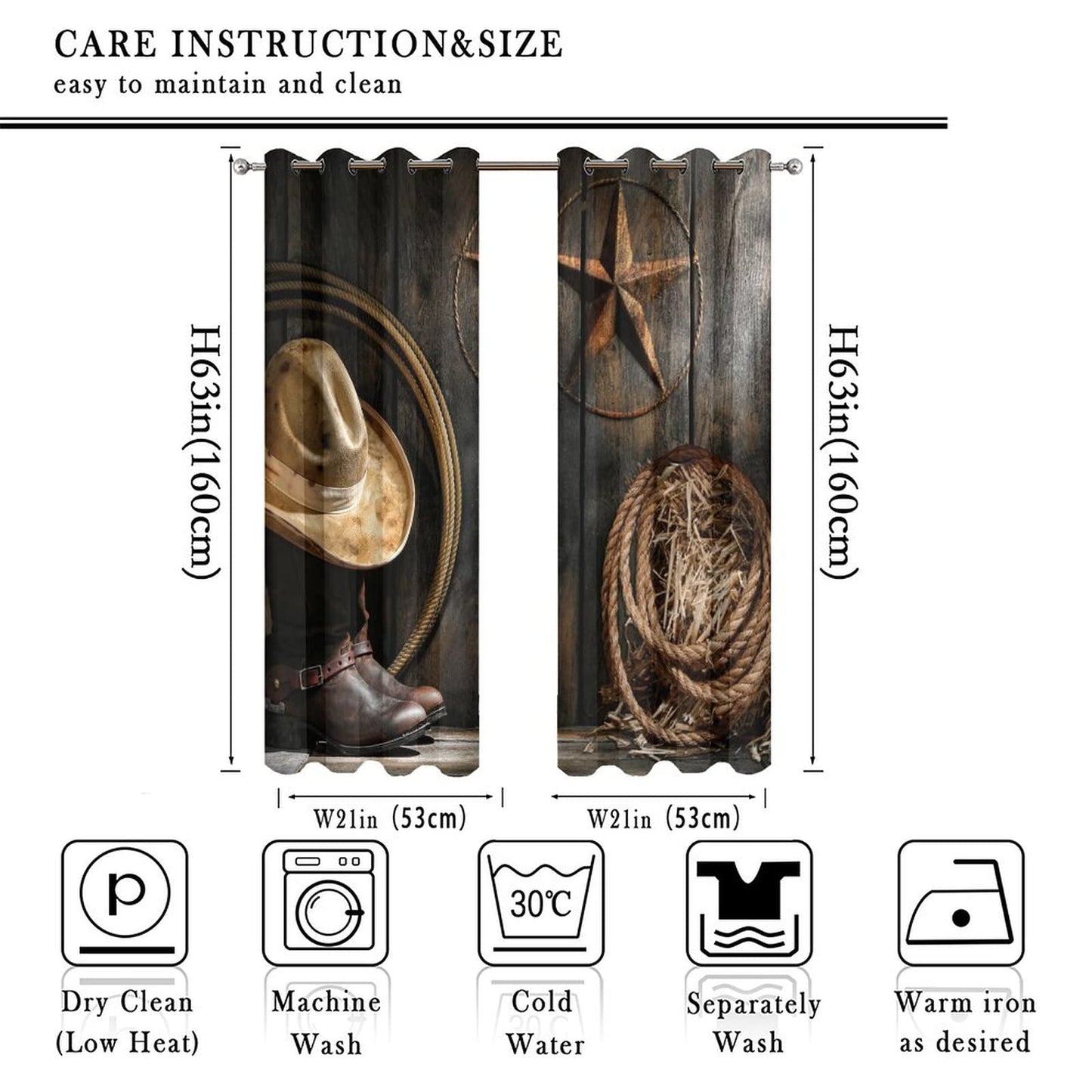 Kazynee Western Farmhouse Room Darkening Blackout Window Curtains with Grommets,Rustic Cowboy Leather Boots Texas Star Hat on Wooden Energy Efficient Window Treatment 2 Panels 63L x 21W