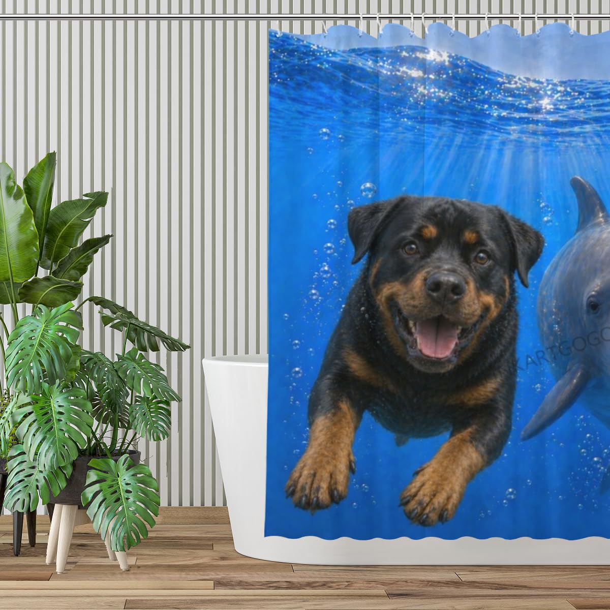 LFINKARTGOGO Ocean Rottweiler Shower Curtain 72x72 with 12 Hooks Underwater Animal Dolphin Waterproof Washable Polyester Bath Curtain for Home Hotel Decor