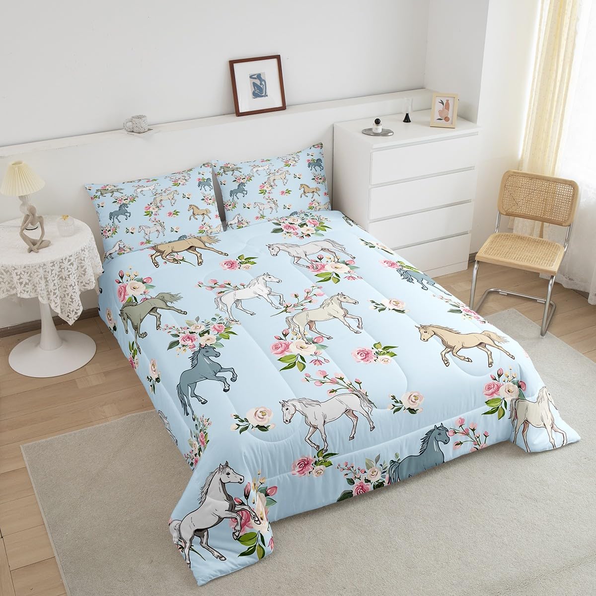 Erosebridal Horse Quilt Queen Size, Farmhouse Western Cowboy Cowgirls Duvet Insert for Kids Boys Girls Teens, Cartoon Kawaii Horse Bedding Set, Rustic Rose Floral Comforter Set + 2 Pillow Cases