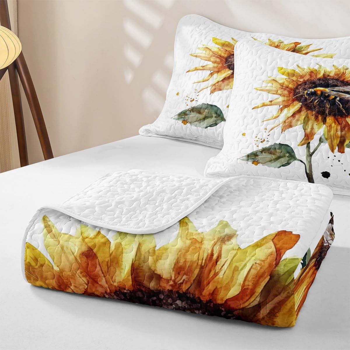 Erosebridal Sunflower Quilt Set Queen Watercolor Sunflower Bedding Coverlet Garden Fresh Style Bedspread with 2 Pillowcases All Season Girl Women Soft Bed Lightweight Comforter