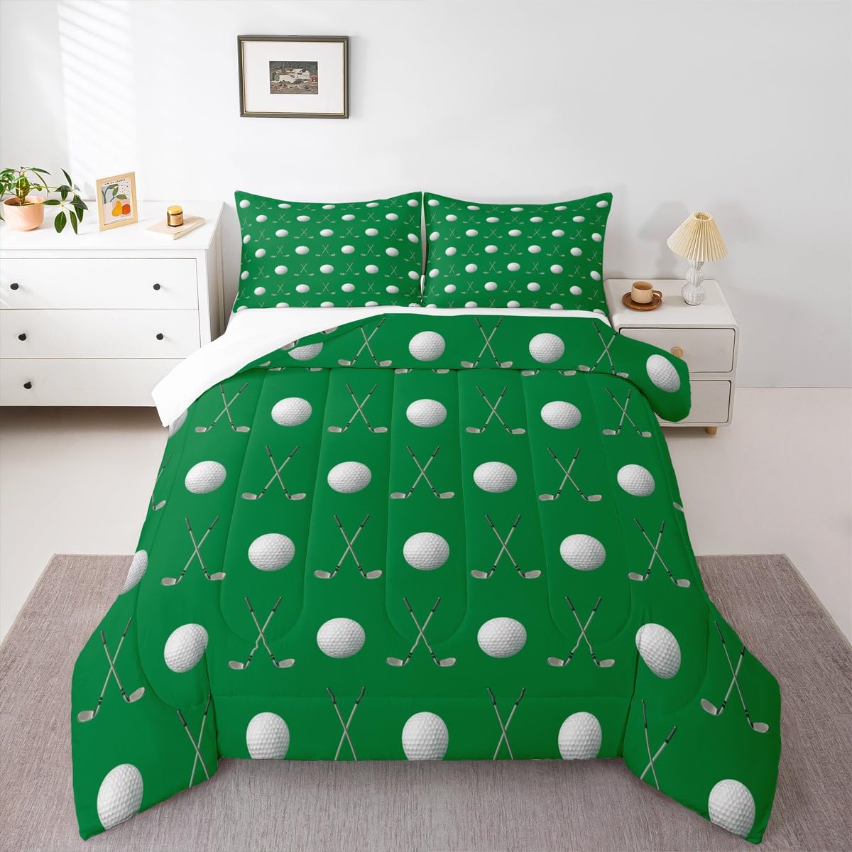 Homewish Golf Ball Comforter Set,Golf Sports Game Bedding Set for Kids Girls Women,Adults Green White Comforter,Ball Sports Quilted Duvet Set Bedroom Collection Twin Size 2Pcs