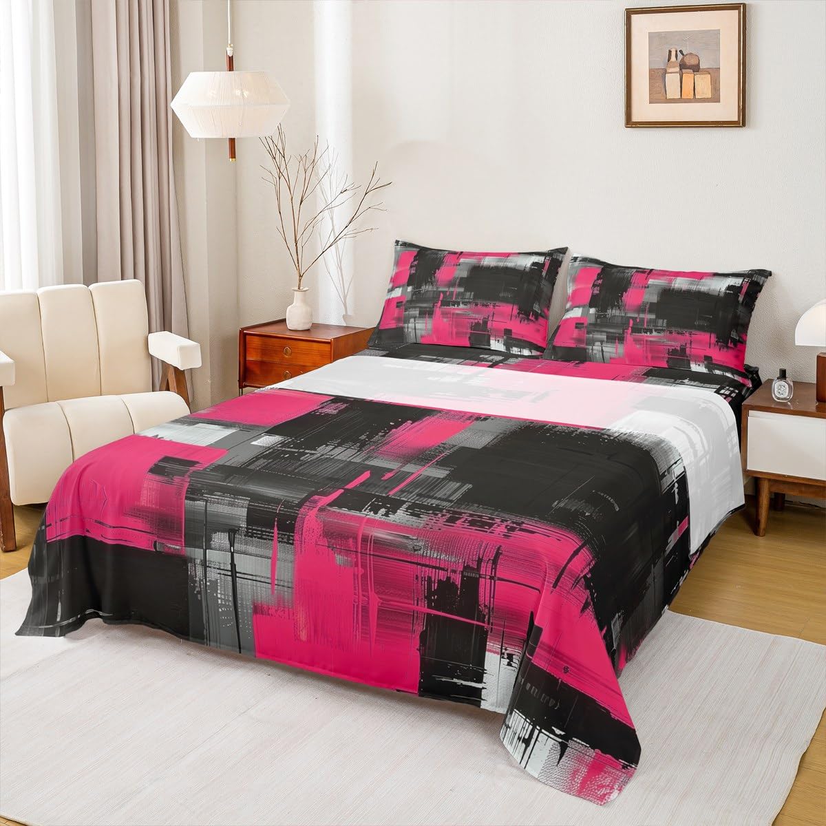 jejeloiu Abstract Bed Sheets Set Twin Size Black and Pink Bed Set Art Aesthetic Deep Pocket Fitted Sheet Geometric Breathable Soft Lightweight Microfiber
