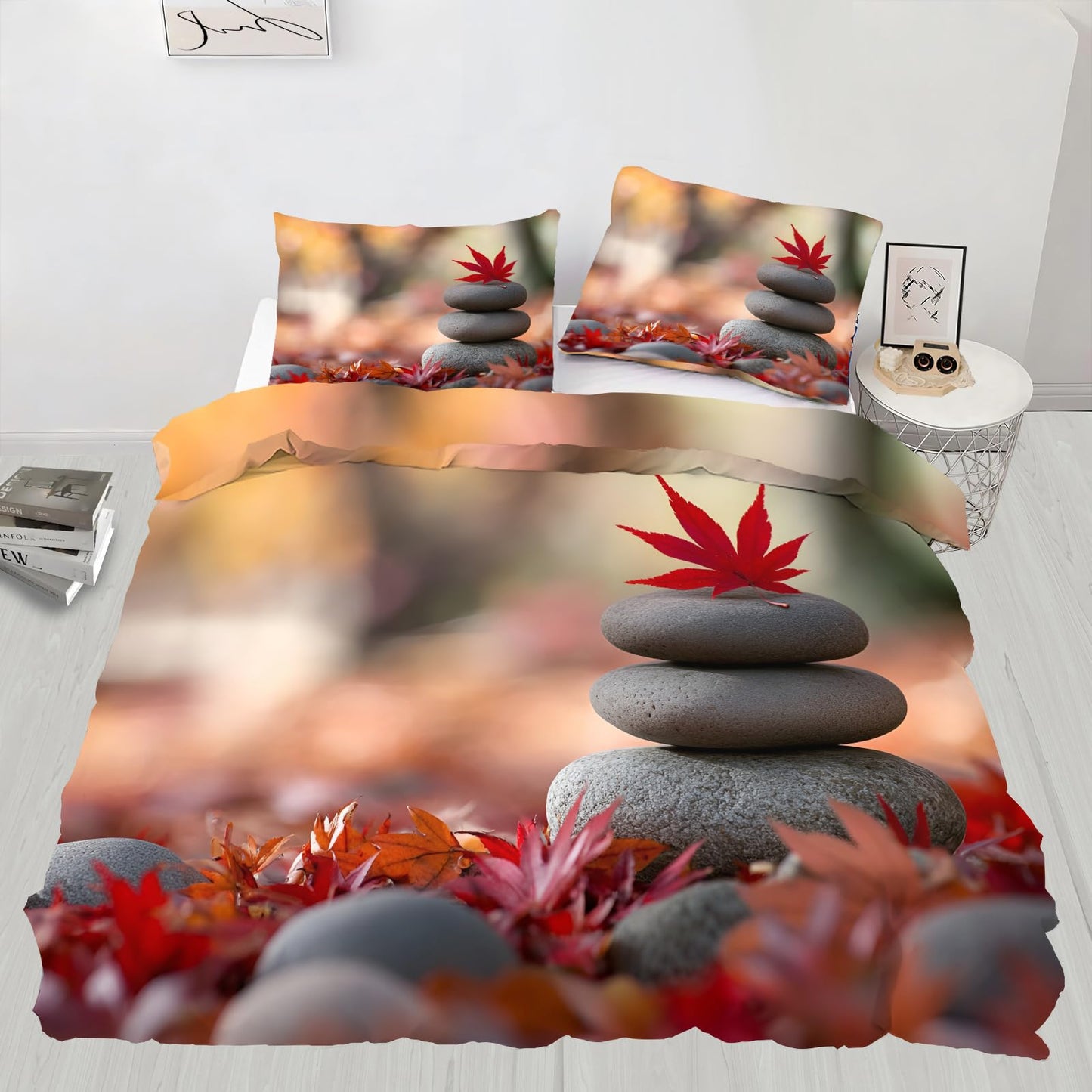 PAISUOQ Zen Stones Bedding Duvet Covers, Red Maple Leaves Comforter King Size, Spa Meditation Bedding Sets with Zipper & Ties, 3 Pieces with 2 Pillowcases, Home Decor & Gifts