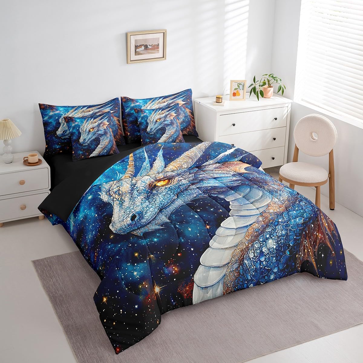 Feelyou Dragon Comforter Set with Sheets Twin Size Dragon Stuff Bed in a Bag for Boys Girls Teens Wild Life 7 Pieces Bedding Set Dragon Decor Bed Set Room Decor Blue