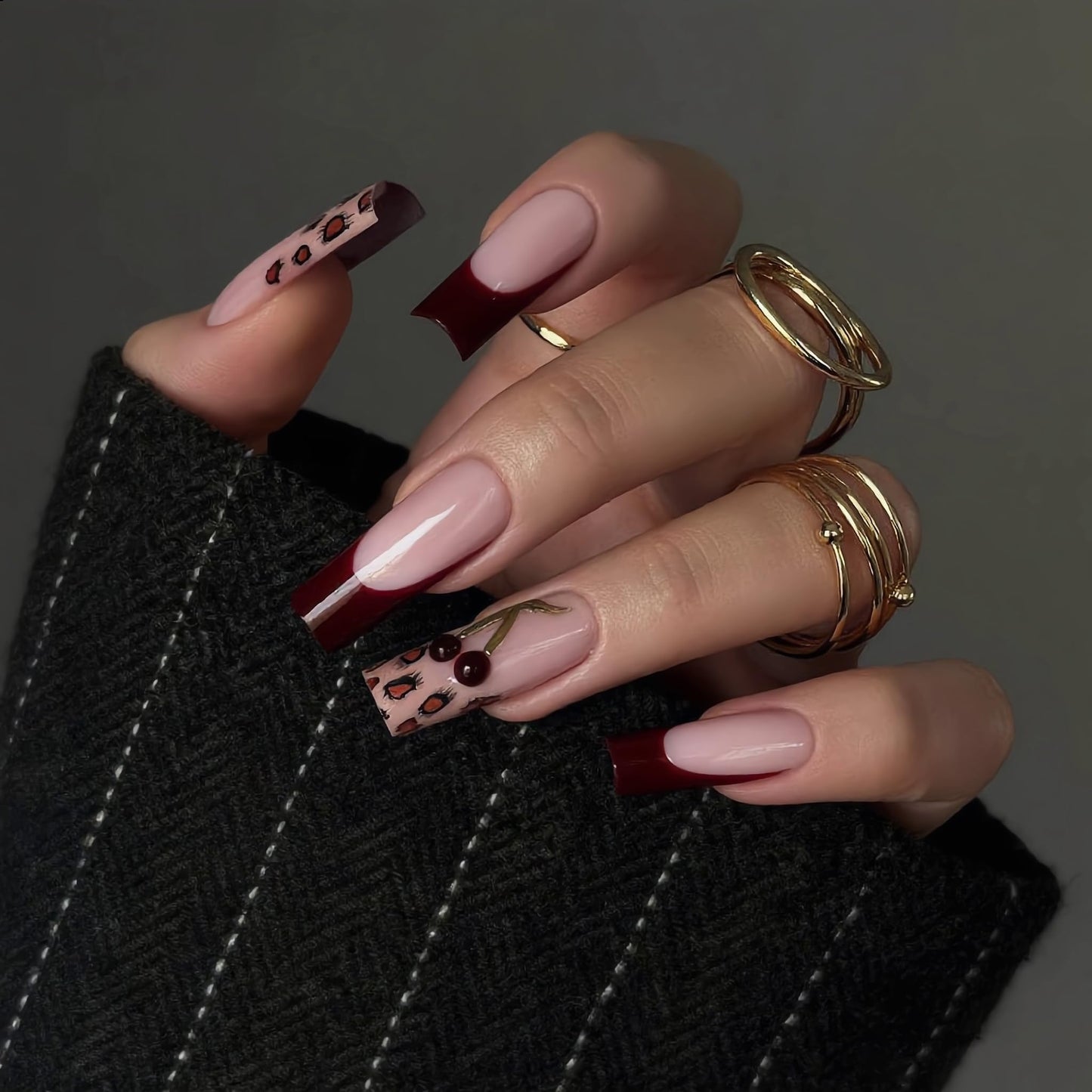 IEORGYIG French Press On Nails Leopard Print Mid-Length Fake Nails with 3D Cherry Designs Reusable Nails with Glue Tabs 24Pcs Manicure Kit for Women