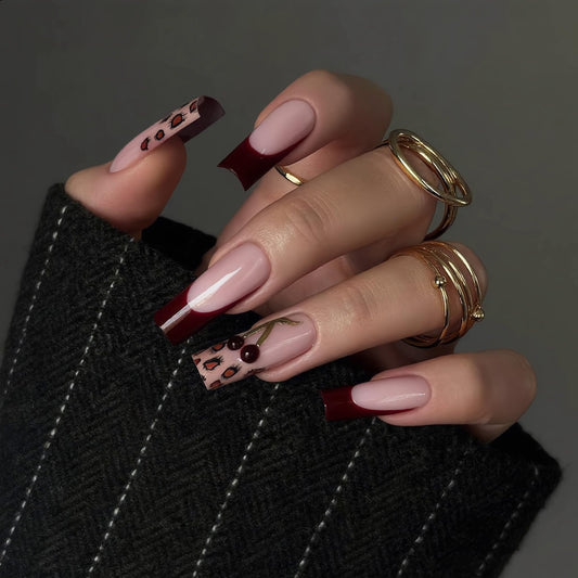 IEORGYIG French Press On Nails Leopard Print Mid-Length Fake Nails with 3D Cherry Designs Reusable Nails with Glue Tabs 24Pcs Manicure Kit for Women