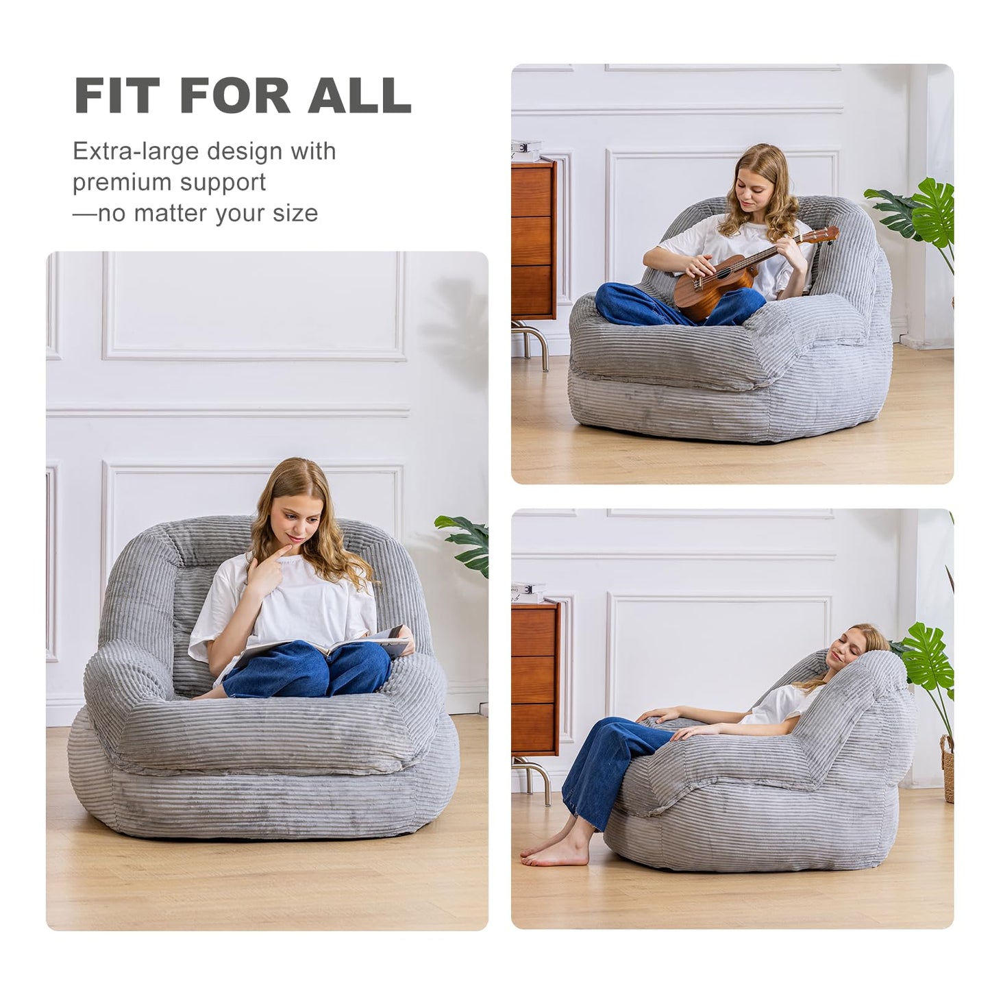 Giant Bean Bag Chair with Armrests - Oversized Cozy Seating for Adults, Corduroy Fabric & High-Resilience Foam Filling, Ideal Lounge for Living Room, Bedroom & Gaming Room (Grey)