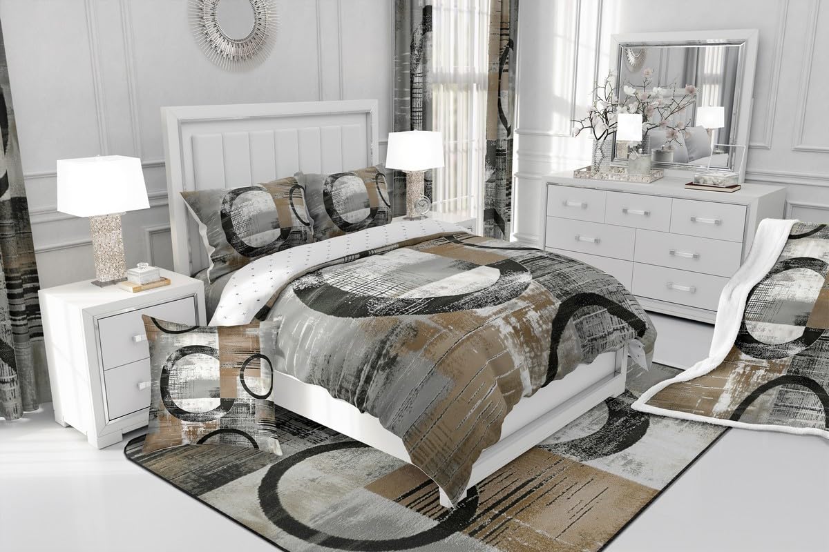 Feelyou Abstract Kids Comforter Set Full Size Modern Abstract Art Bedding Set Geometric Duvet Quilt for Kids Boys Girls Bedroom Luxury Decor Umber Ultra Soft