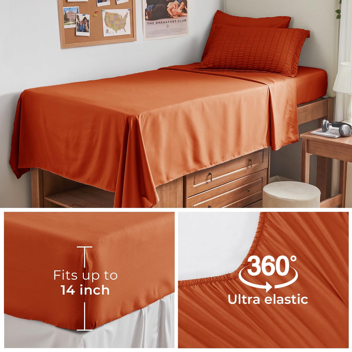 HYMOKEGE Burnt Orange Twin Comforter Set Seersucker 5 Pieces, All Season Luxury Bed in a Bag for Bedroom, Bedding Set with Comforters, Sheets, Pillowcase & Sham