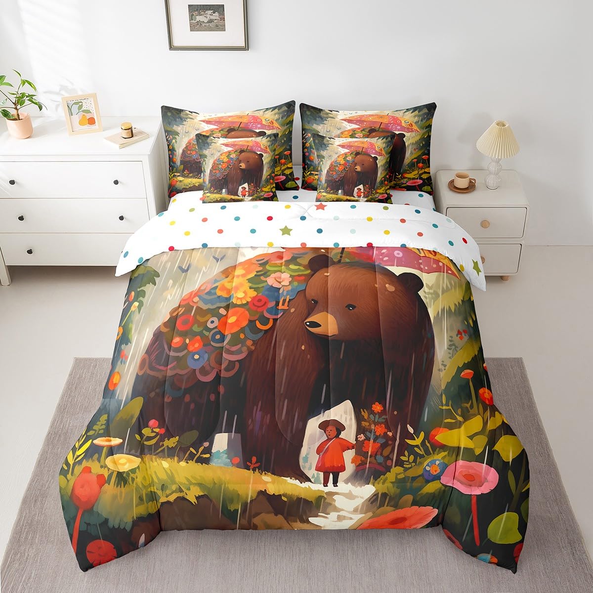 Erosebridal Kawaii Girl Bedding Set King Size, Cartoon Bear Comforter Set, Cute Bear Animals Flowers Kids Teens (Comforter+Fitted+Flat Sheet+2 Pillowcases+2 Throw Pillow Covers) 7 Pieces Bed Set