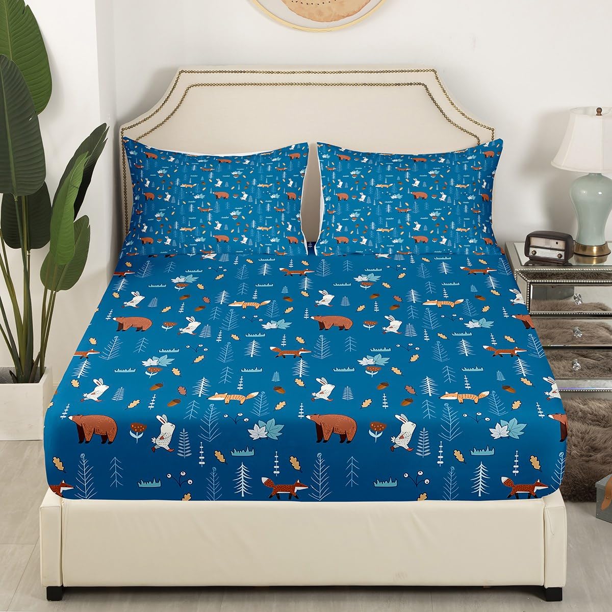 Homewish Bear Fitted Sheet Twin Size,Navy Cartoon Animals Bedding Set Kids Cute Fox Rabbit Bed Sheet 2Pcs for Girls Boys Bedroom Decor,Pine Tree Jungle Adventure Style Deep Pocket Sheet,1 Pillowcase