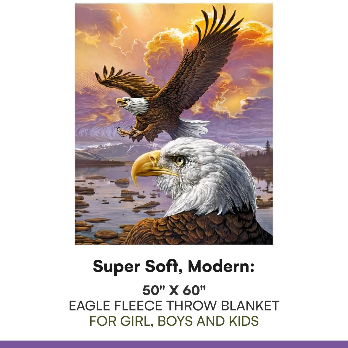 Dawhud Direct Eagle Fleece Throw Blanket, 50" x 60", Flying Eagle Print, Super Soft Plush, Unisex, Iii Eagle Clouds Color