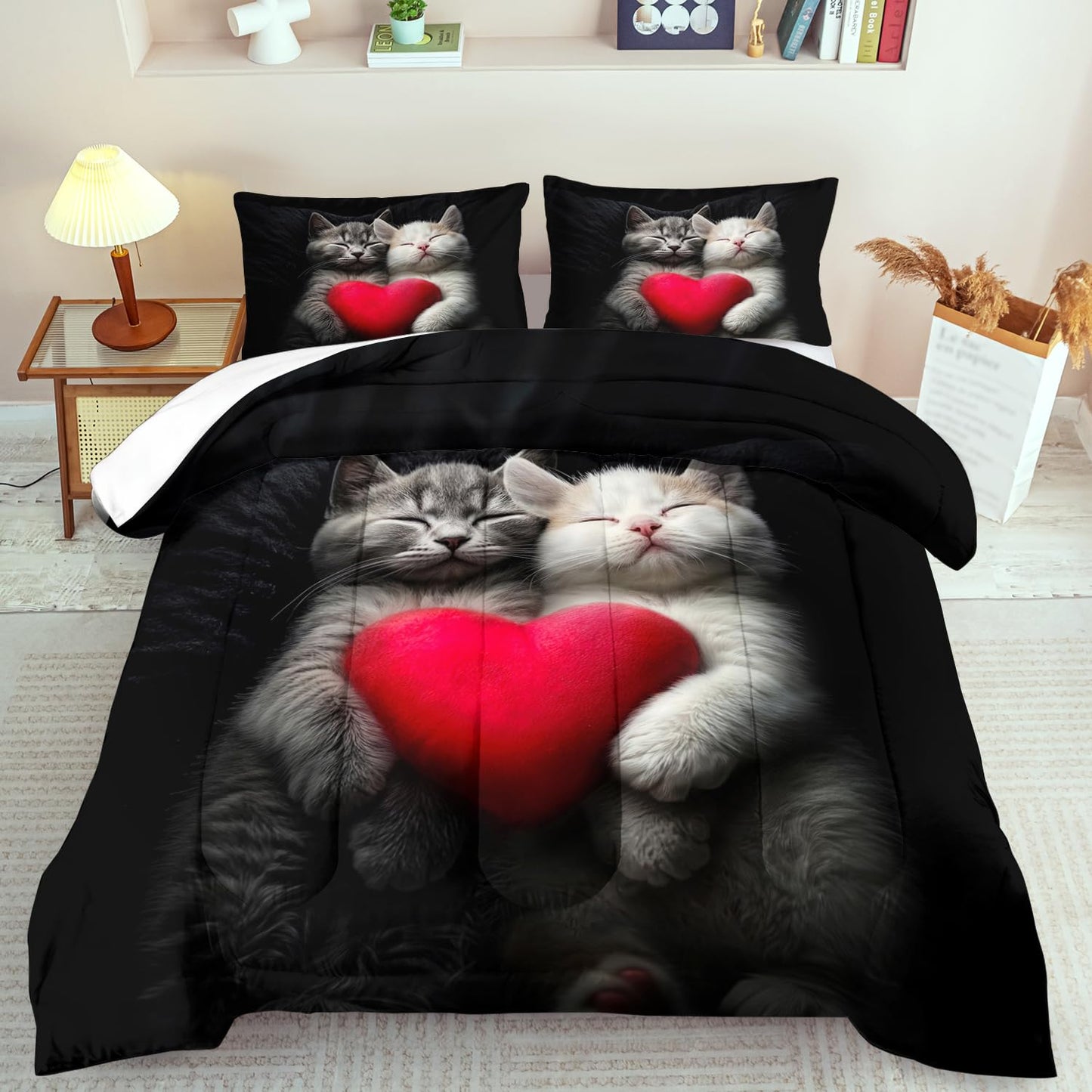 llyxsesty Cute Cat Comforter Set King,Kawaii Cat Bedding Set for Girls,Cute Animal Comforter Red Love Heart Bedding Decor,Kawaii Farm Animal Quilt Patterns Kids and Adults