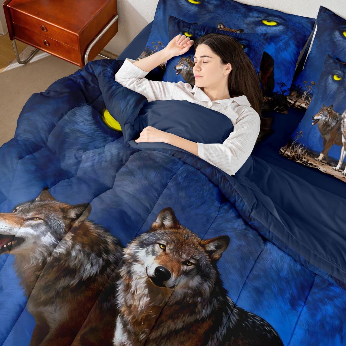 Feelyou Wolf Comforter Set Queen Size 7 Pieces Wolves Howling Bedding Set for Kids Boys Girls Western Farmhouse Bed in a Bag with Comforter, Sheets, Pillowcases, Cushion Covers Wild Animal