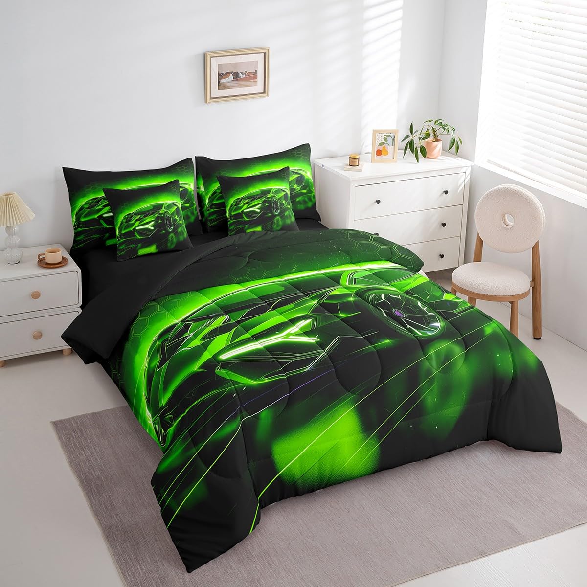 Feelyou Kids Boys Race Car 7 Piece Bedding Set Full Size Green Sports Car Comforter Set with Sheets for Kids Teens Boys Girls Extreme Sports Theme Bed in a Bag Speed Luxury Car Bed Set