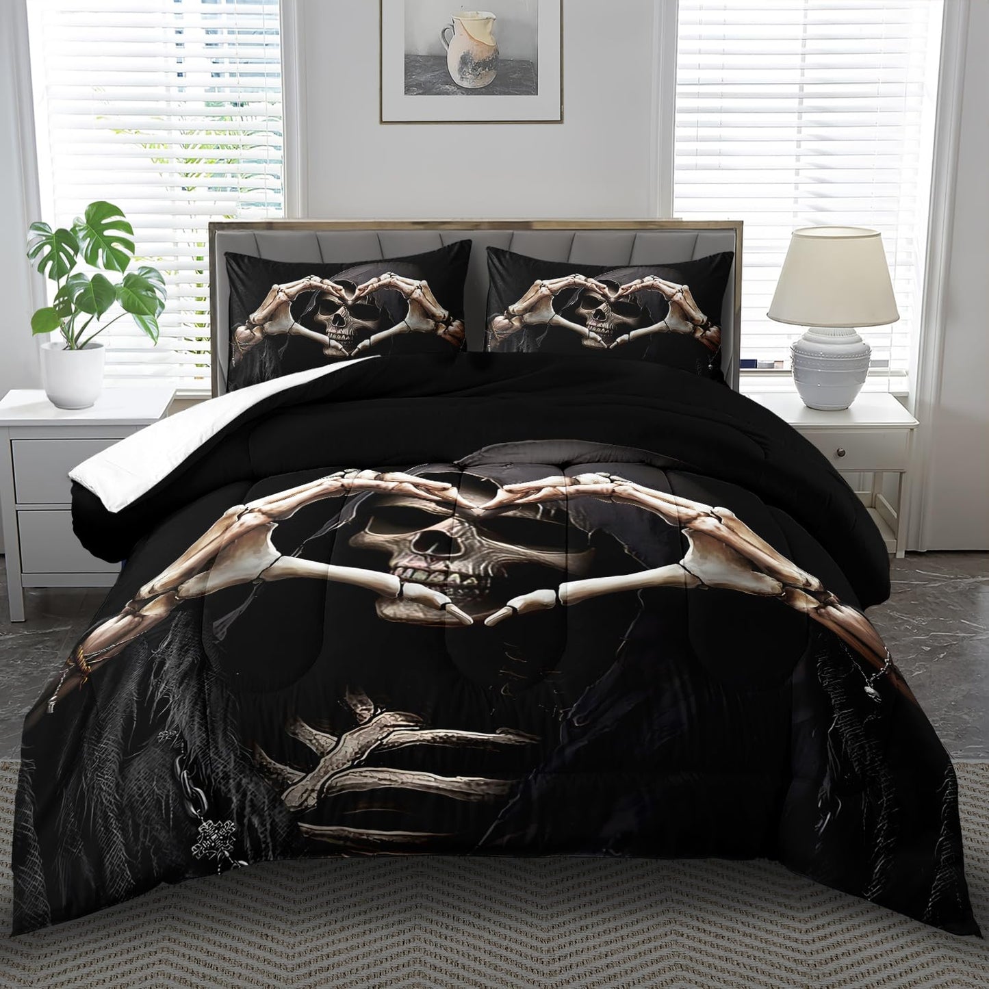 llyxsesty Black Skull Comforter Set Queen Black Goth Comforter Sets for Couple Skull Bedding Girls Medieval Bedding Goth Room Decor Love Heart Bed Quilt Love Home Decor