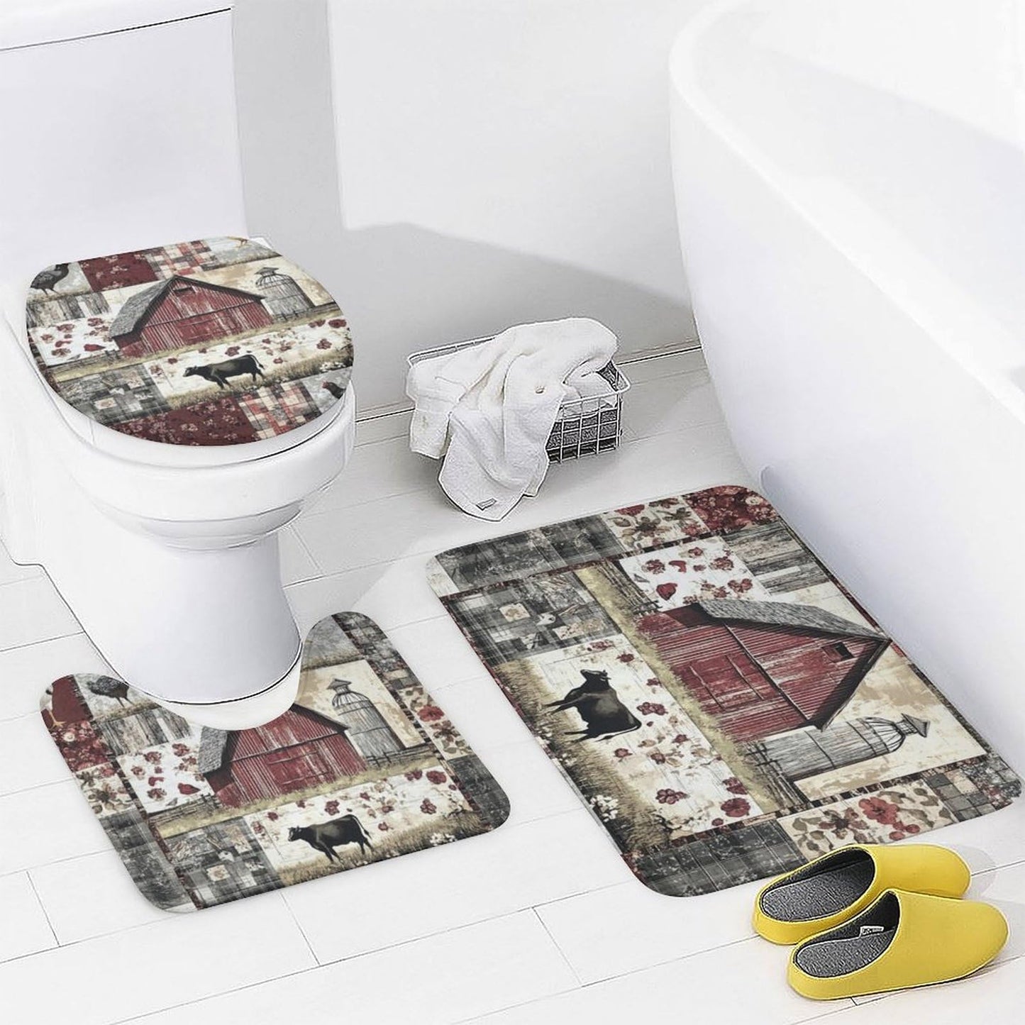HDESDIS 4Pcs Barn Cabin Patchwork Shower Curtain Sets with Rugs, Toilet Lid Cover and Bath Mat, Farm Cow Chicken Rustic Bathroom Shower Curtains Set with 12 Hooks