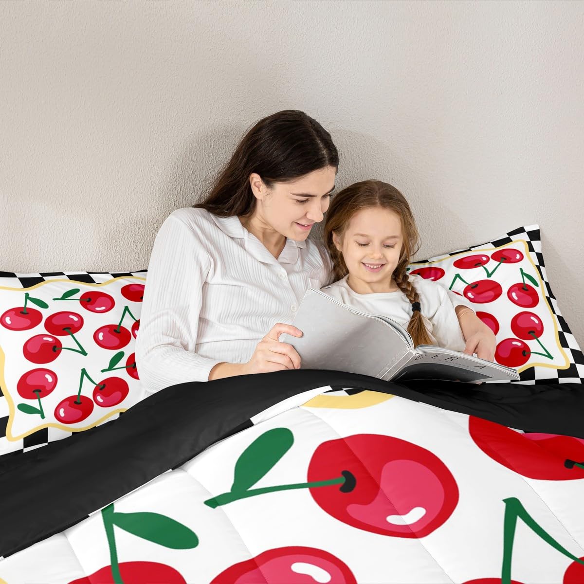 Cartoon Cherry Kids Comforter Set Twin Size,Geometric Checkerboard Plaid Patchwork Bedding Set,Girls Princess Room Decor,Tropical Fruit Summer Down Comforter,Red Black Duvet Insert,1 Pillowcase