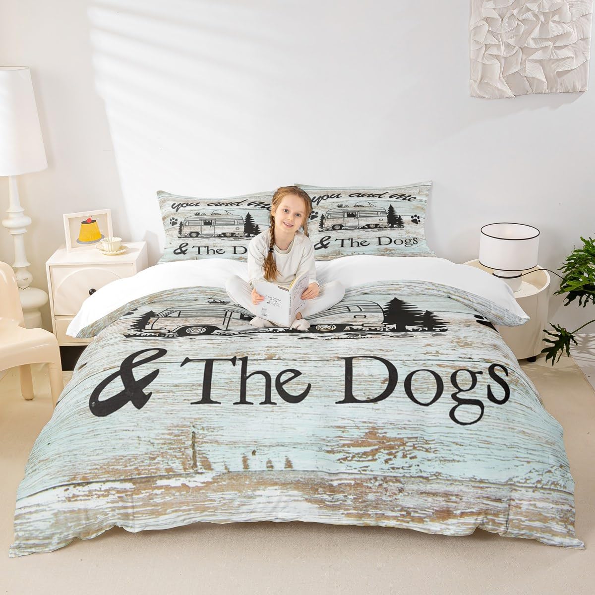 Happy Camping Duvet Cover Set Queen Size, Camper Truck Bedding Set 3pcs for Kids Boy Girls, Adventure Theme Dog Lover Comforter Cover Rustic Farmhouse Quilt Cover with 2 Pillowcases,No Comforter