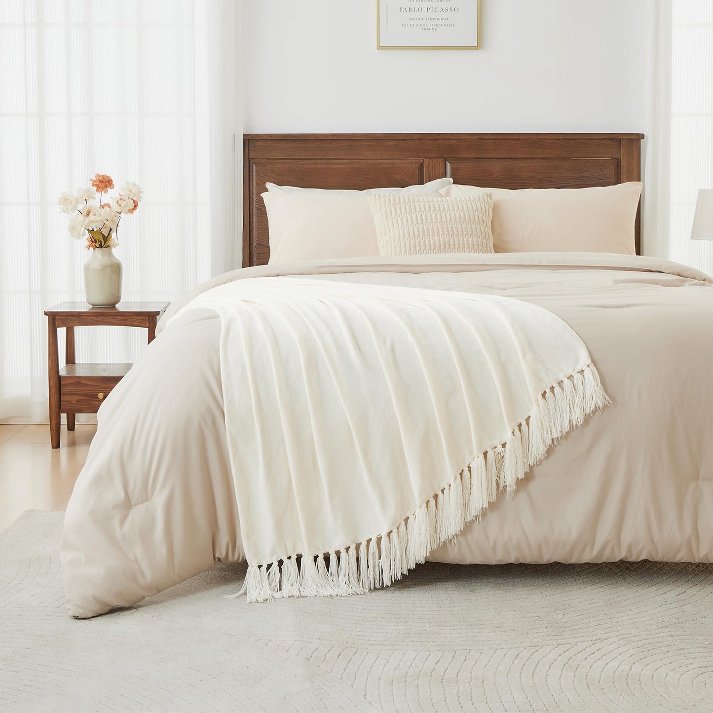 CozeCube Chenille Throw Blanket for Couch, Cozy Plush Fuzzy Decorative Cream White Blanket with Fringe Tassels, Lightweight Throws for Bed Sofa Gift Home Decor, 50"X60"
