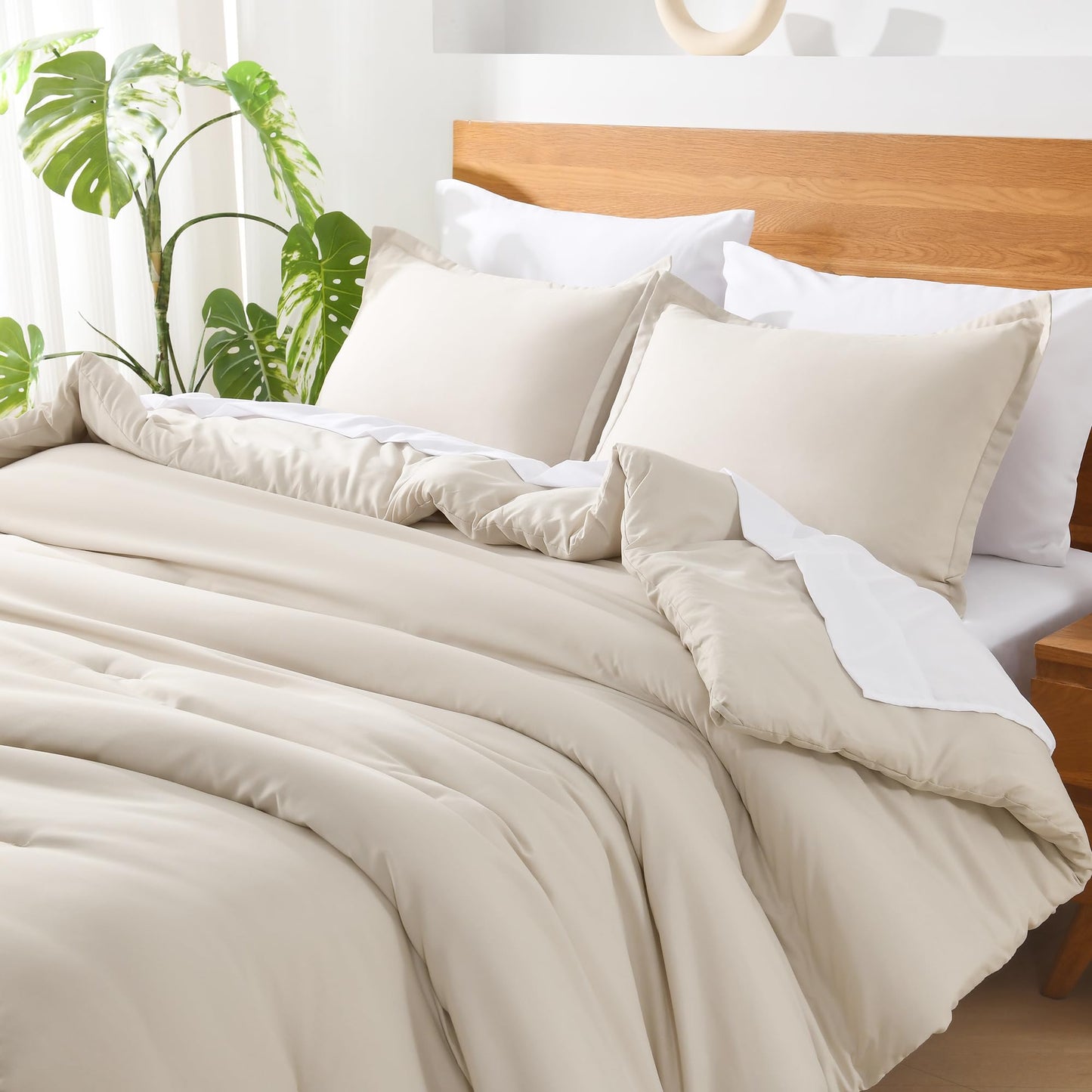 Andency Beige California King Comforter Set - 7 Pieces Cream Bed in a Bag Cal King Bedding Comforter Sets, Summer Solid Soft Lightweight Comforter with Fitted Sheets, Flat Sheets, Pillowcases & Shams