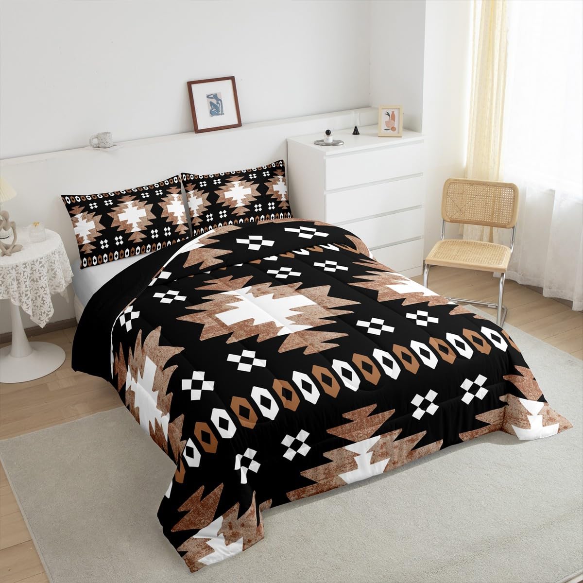 Feelyou Boho Comforter Set King Size Southwest Native American Design Comforter Southwestern Geometric Bedding Set Western Decor Duvet Set Room Decor Brown Balck Quilt Set