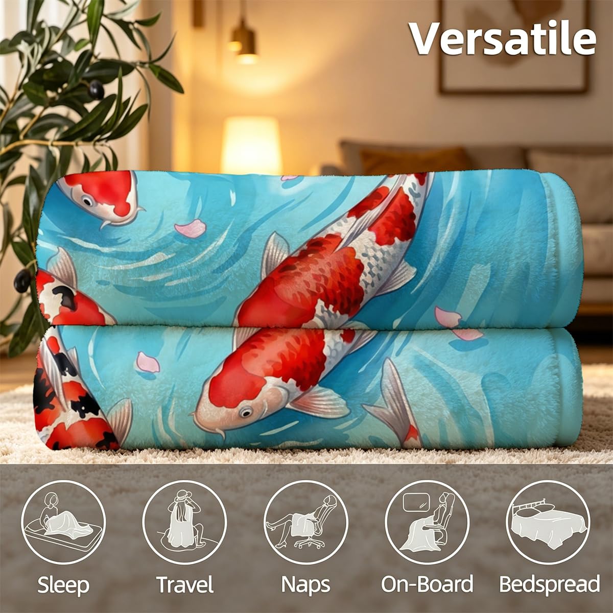 Yujiiso Koi Fish Cherry Blossom Blanket Soft Flannel Fleece Throw 50" x 60"