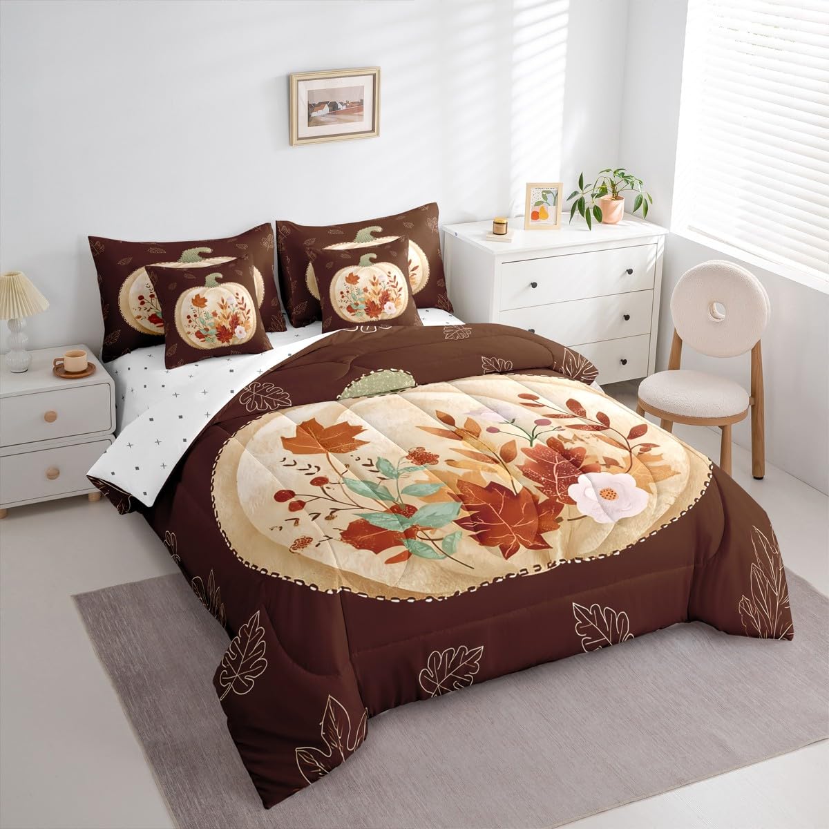 jejeloiu Fall Harvest Comforter Set with Sheets 7 Piece Twin Size Autumn Leaves Bedding Set for Kids Boys Girls Autumn Harvest Theme Bed in a Bag Room Decor Soft Lightweight Microfiber