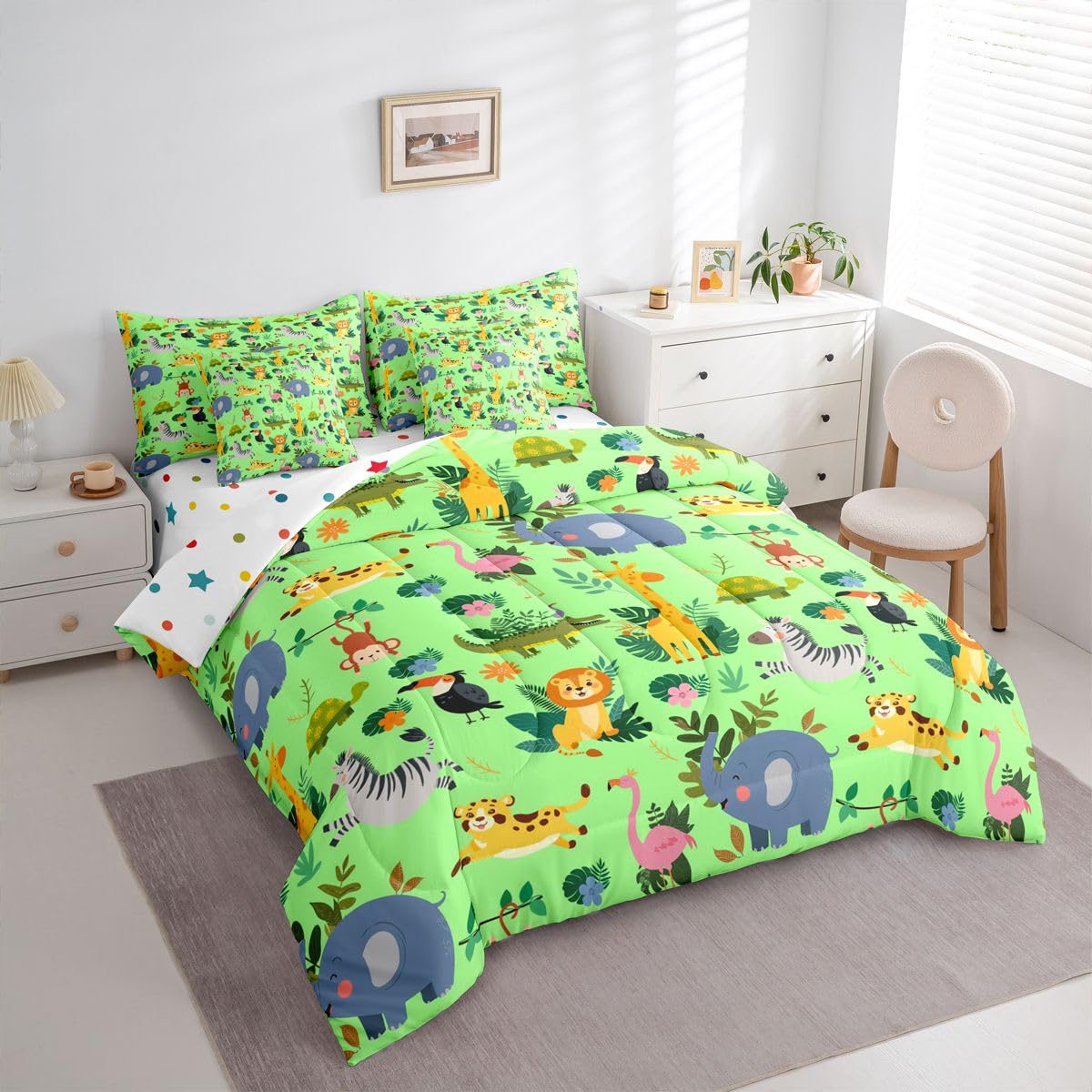 Cartoon Animal Bed in a Bag Queen Comforter Set 7 Piece | Giraffe Tiger Lion Bedding Sets Flamingo Zebra Crocodile Turtle Elephant Comforter and Sheet Set,Jungle Woodland Green Palm Leaves Bed Sets