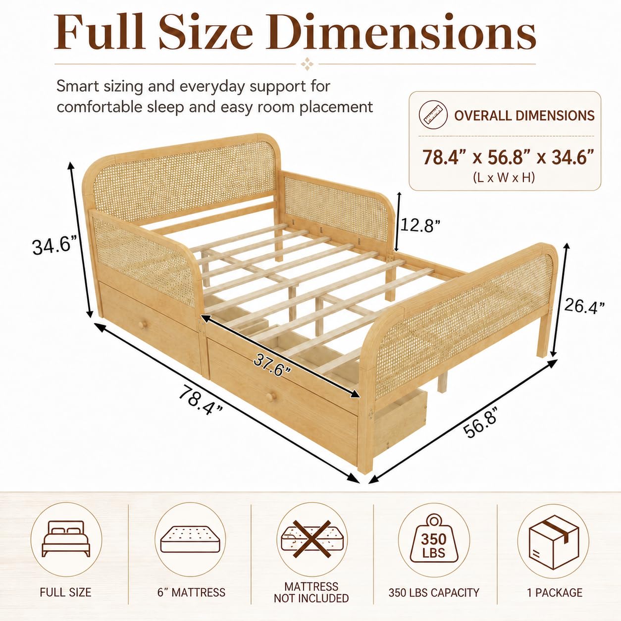 Duxelifin Full Kids Bed Frame with Storage Drawers,Rattan Wood Platform Bed with Headboard & Footboard, Low Profile Boho Daybed, No Box Spring Needed, Full Size Bed Frame for Boys Girls，Natural