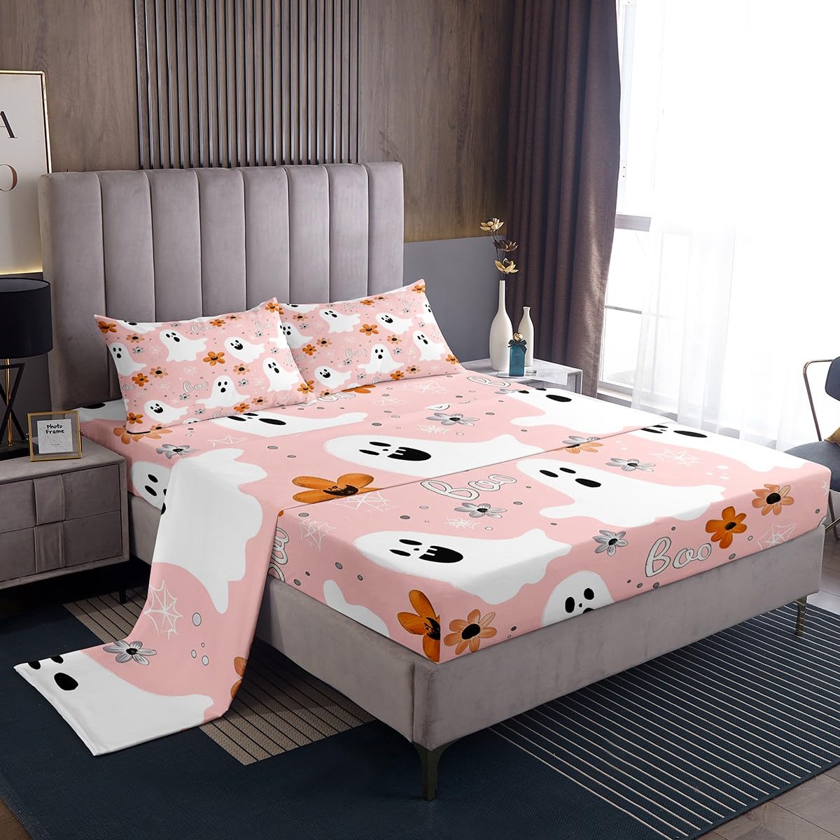 jejeloiu Halloween Decor Bed Sheets Set Queen Size Cartoon Ghost Deep Pocket Fitted Sheet Spider Web Bedding Sets Spooky Halloween Pattern Soft Bed Set 4Pcs with 2 Pillow Cases