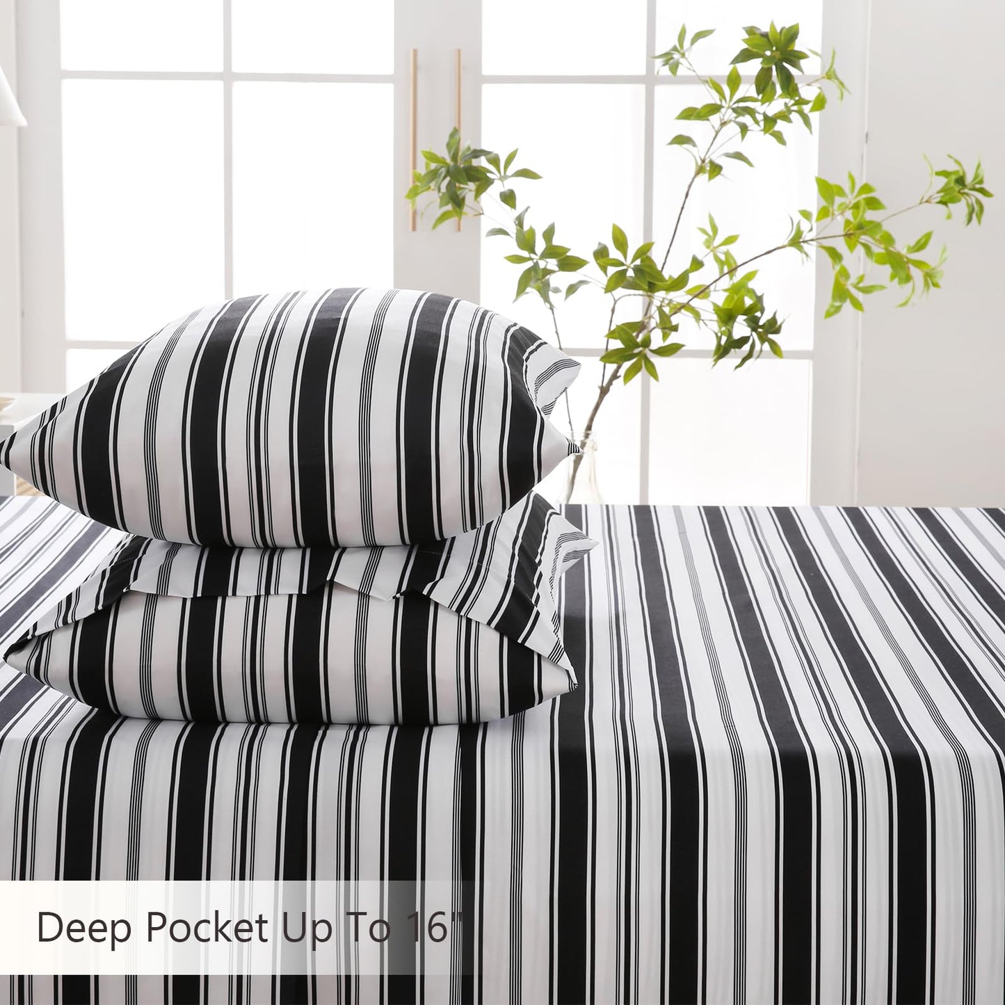 MCO 4Pieces Striped Sheets Set, Breathable King Sheet Set with 16" Deep Pocket,Modern & Luxury, Brushed Microfiber Bedding Set(King, Black)