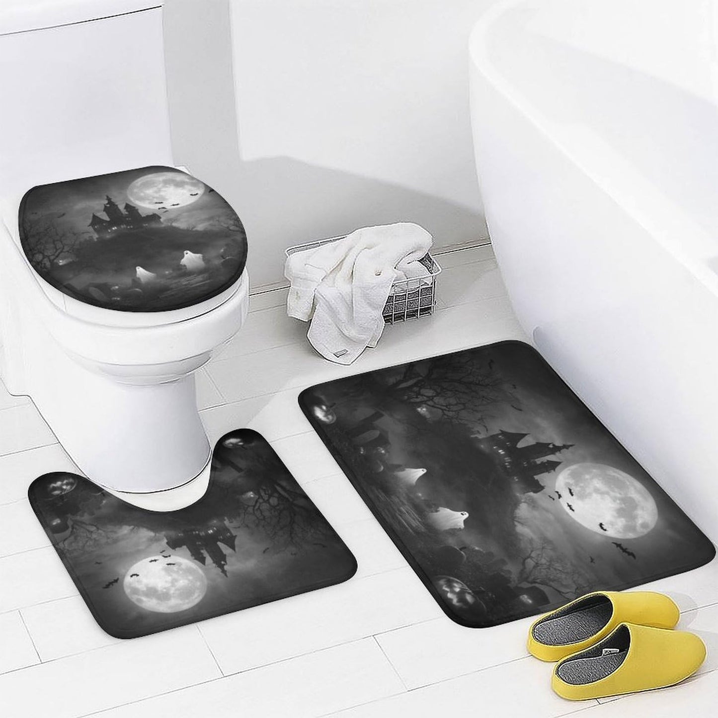 INSFBRB Abstract Horror Halloween Shower Curtain Sets with Rug,Toilet Lid Cover and Bath Mat,Rustic Retro Gothic Castle Halloween Pumpkin Bat Ghost Full Moon 4 Piece Bathroom Set