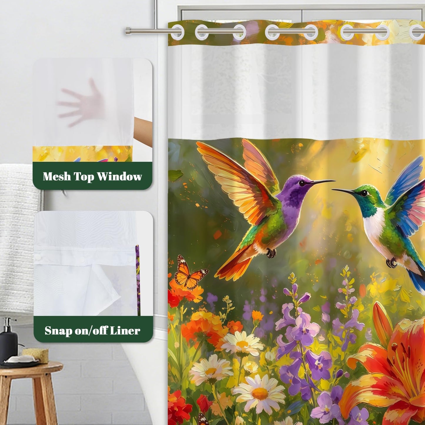 Xiazhilaio Hummingbird & Floral Shower Curtain Snap in Liner, 71x74 Inch