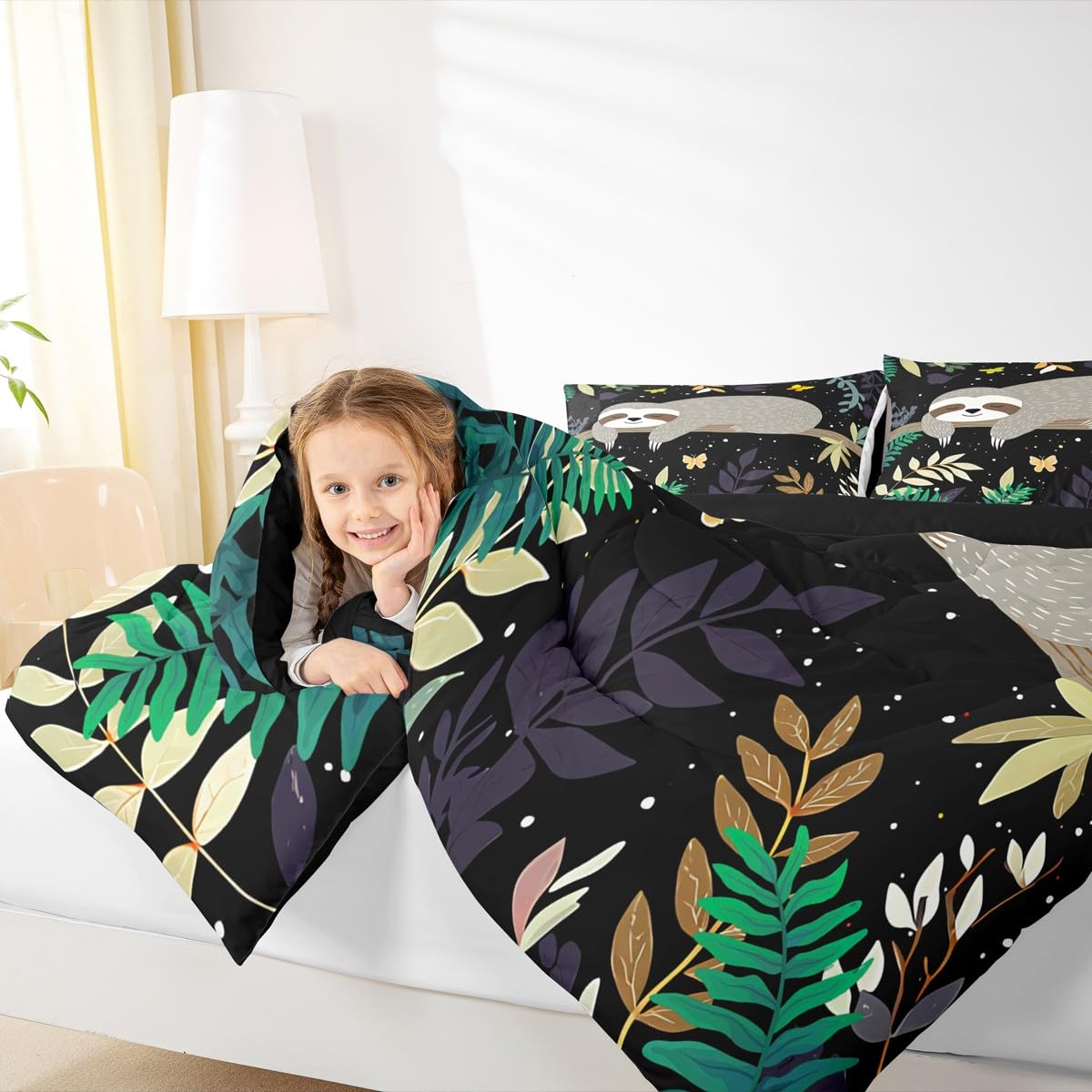 Feelyou Sloth Comforter Cute Sloth Bedding Set for Kids Boys Girls Galaxy Butterfly Comforter Set Botanical Leaves Inner Fill Duvet Set 1 Comforter Set with 2 Pillowcases Queen Size