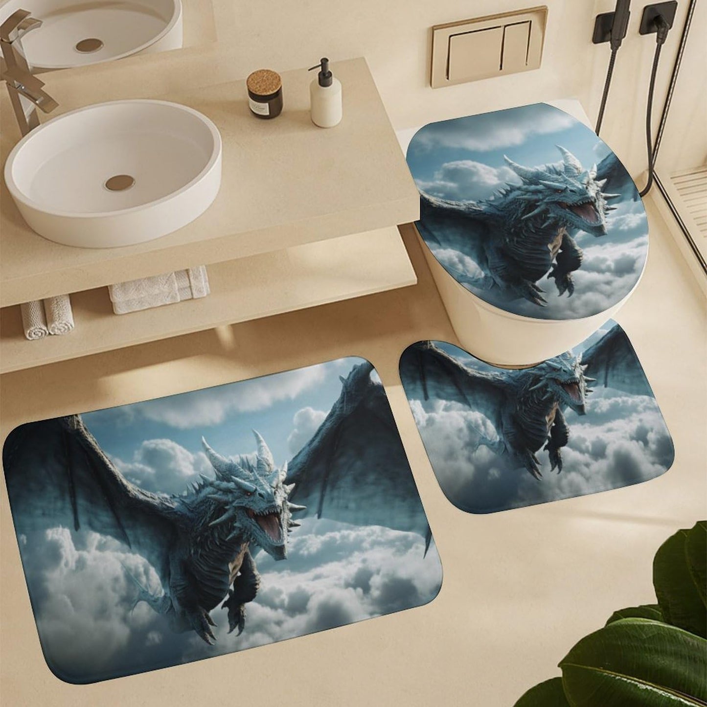 FOCCAFB 4Pcs Glam Cool Dragon Bathroom Sets with Shower Curtain Rugs Mats Fantasy Clouds Animal Bathroom Decorations Sets with Non Slip Rugs Toilet Lid Cover Bath Mat, Style-3