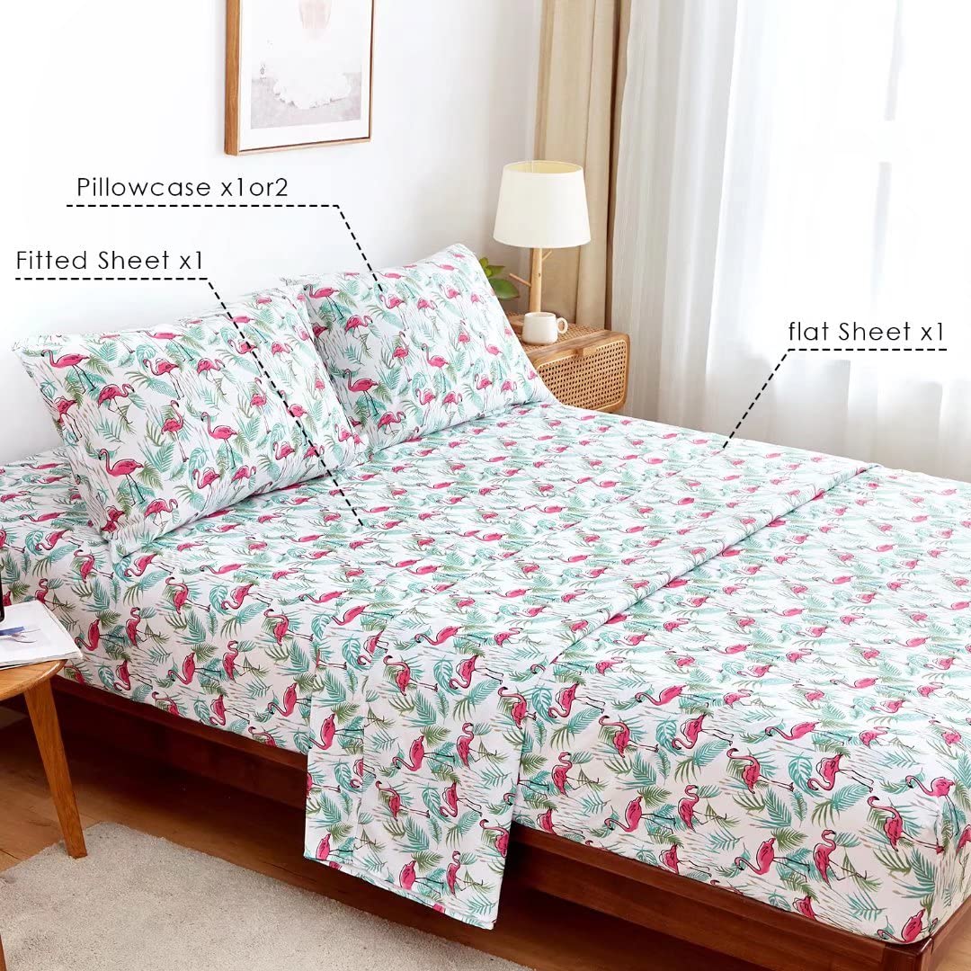 KACEMOO King Sheets Set 4PC - Soft Cooling 1800 Thread Count Micro Boho Printed Bed Sheet, 17 Inch Deep Pocket Breathable, Wrinkle Free, Machine Washable Flamingo Plants Patterned Double Bedding
