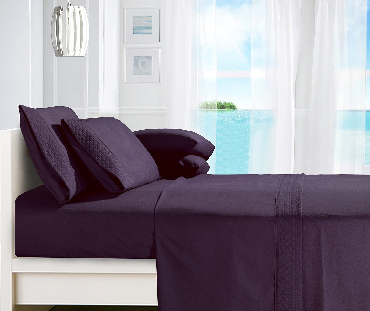Elegant Comfort Luxury Soft Coziest 4-Piece Bed Sheet Set 1500 Thread Count Egyptian Quality Microfiber Wrinkle Resistant Beautiful Quilted Design on Flat Sheet and Pillowcases, King, Eggplant-Purple