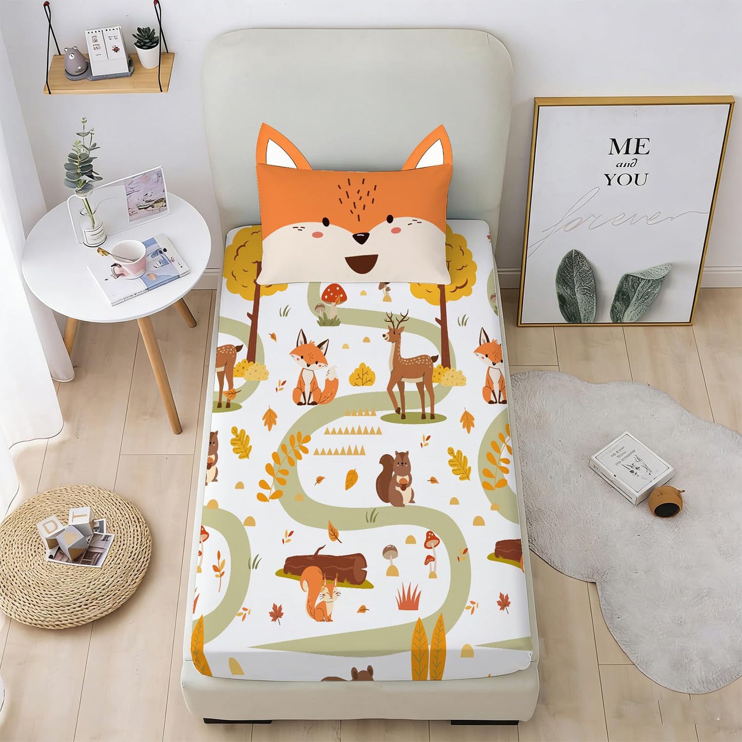 Yasida Twin Size Fox Forest Animals Twin Fitted Sheet Kids 3D Fox Pillowcase Washable Sheets Set Kid Animals Bedding Sheet Soft Microfiber(1*Sheet+1*Pillowcase)
