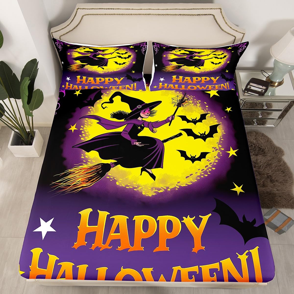 Feelyou Happy Halloween Fitted Sheet Full Size for Kids Boys Girls Magic Broom Bed Sheets Set 16" Deep Pocket Soft Breathable Microfiber Witch Bedding with 2 Pillowcases Halloween Decor Room Decor