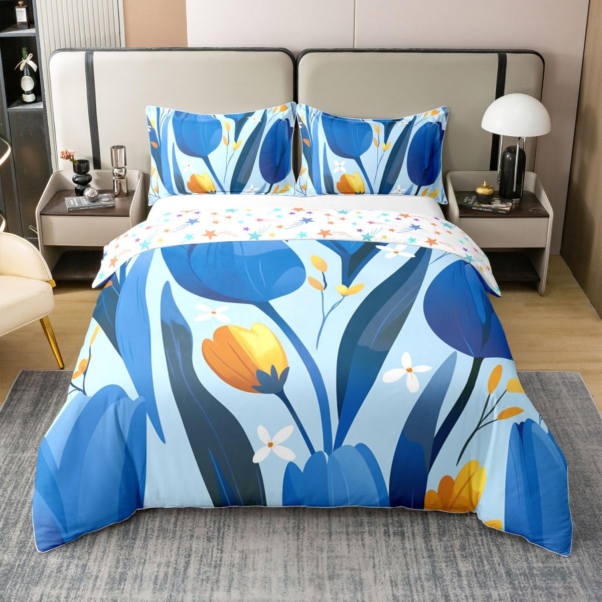 Erosebridal Spring Flowers 100% Cotton Duvet Cover Full Blue Florals Bedding Set for Kids Girls Boys Adults Blue Botanical Garden Comforter Cover Flowers Branches Pastoral Bedclothes 3 Pcs